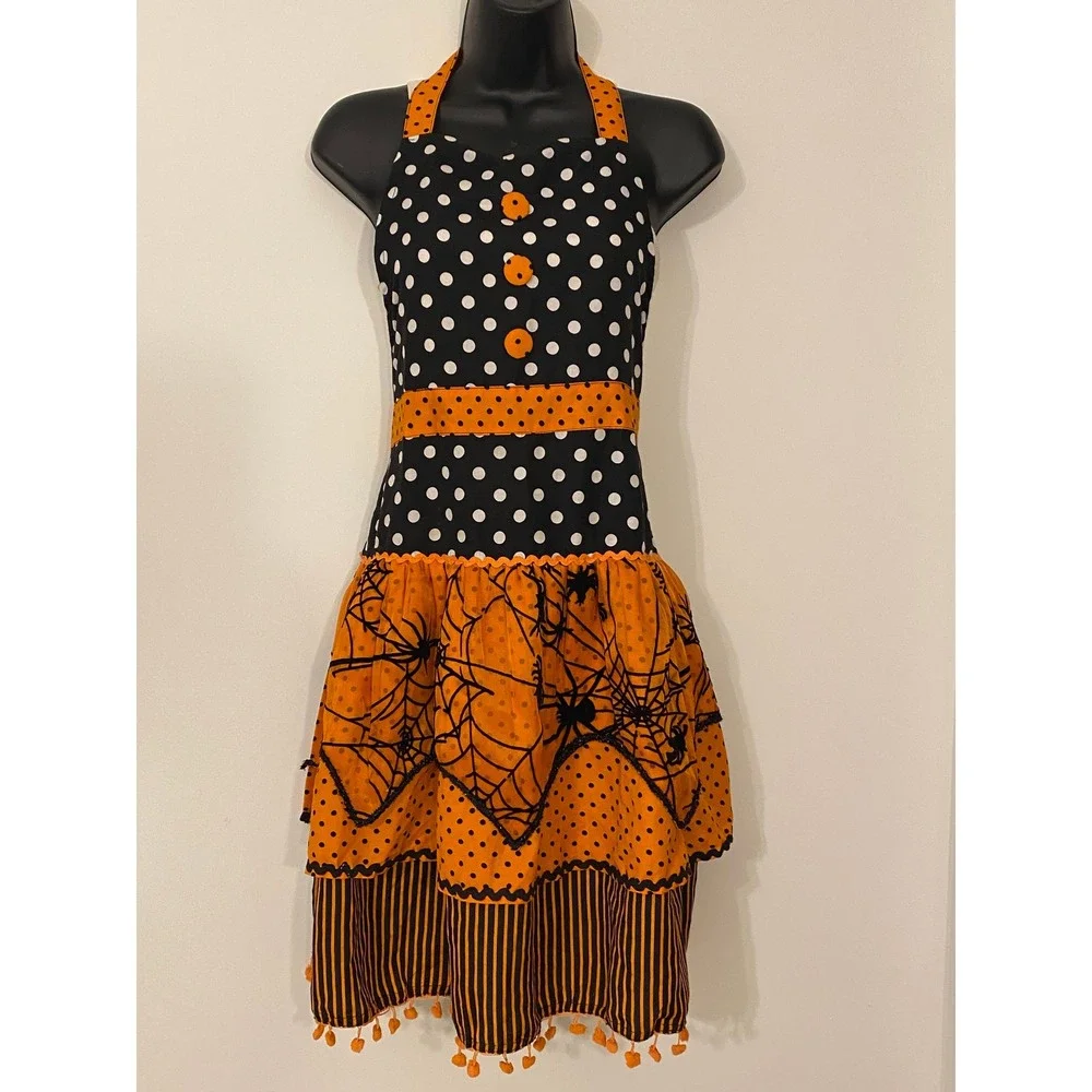 Pier 1 Imports Halloween Apron Orange Black Polka Dot Spider Web Pom Pom Trim